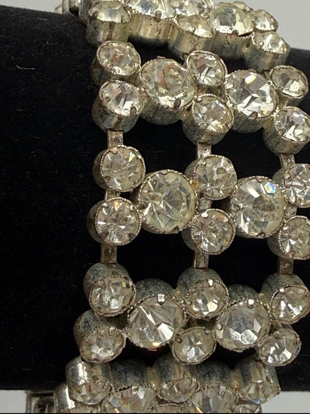 Vintage 1950s Czech Clear Rhinestone Lattice Link Bracelet 4-Row Openwork 6.75” - Picture 2 of 6
